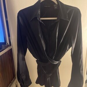 New York & Company Wrap Tie Blouse Black Long Sleeve Size 12